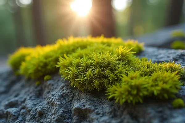 Close-up textured shot of green lichen on Sierra granite rock in dappled sunlight representing family healing and growth.
