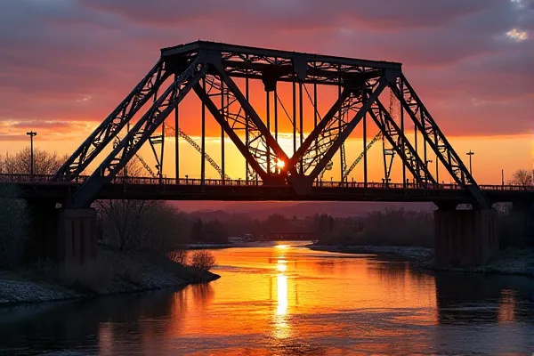 Dramatic low-angle view of the Virginia Street Bridge in Reno at golden hour.